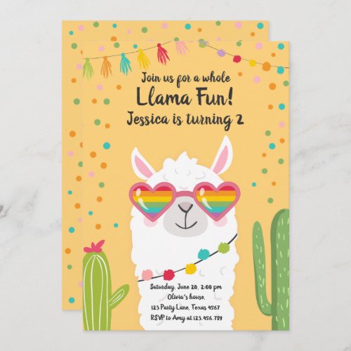 Llama Fiesta Heart Sunglasses Birthday Invitation