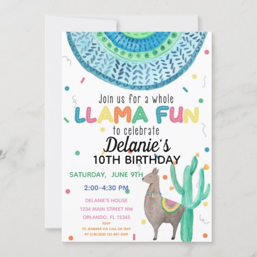 Llama Fiesta Mexican Theme Birthday Invitation