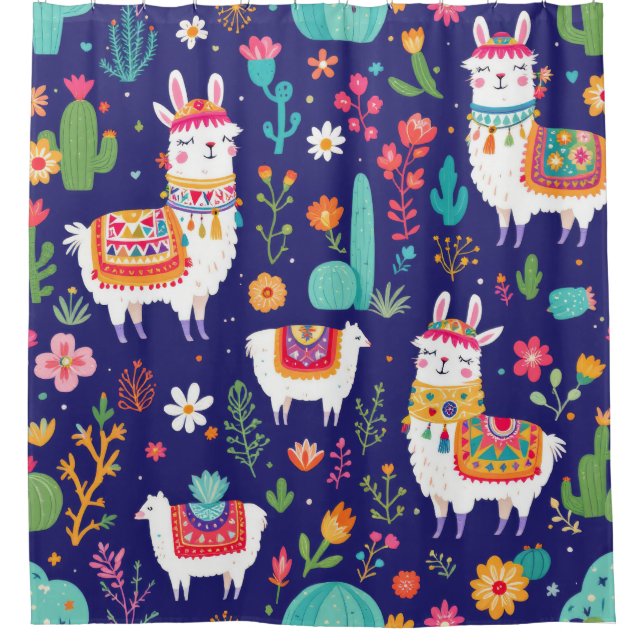 Llama Fiesta Shower Curtain (Front)