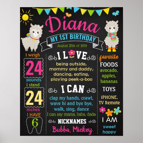 Llama First birthday chalk board Poster