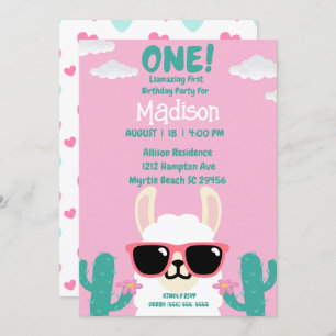 Llama First Birthday Pink Green Party Invitation