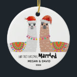 Llama First Christmas Married Funny Santa Hat Ceramic Ornament<br><div class="desc">First Christmas engaged or together or married ornament. Unique ornament featuring a couple of llamas wearing Santa Hat. Update with your names and date,  it's easy!</div>