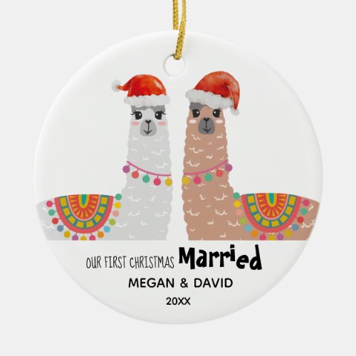 Llama First Christmas Married Funny Santa Hat Ceramic Ornament
