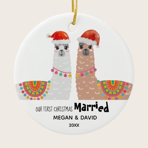 Llama First Christmas Married Funny Santa Hat Ceramic Ornament