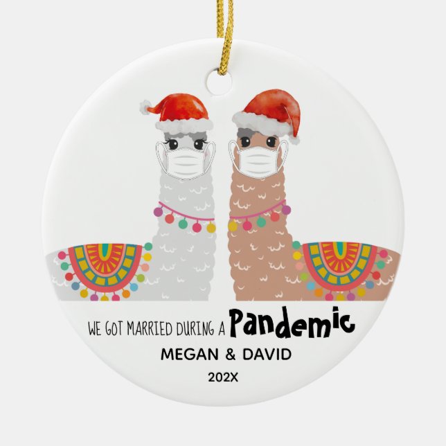 Llama First Pandemic Married Funny Santa Hat Ceramic Ornament (Front)