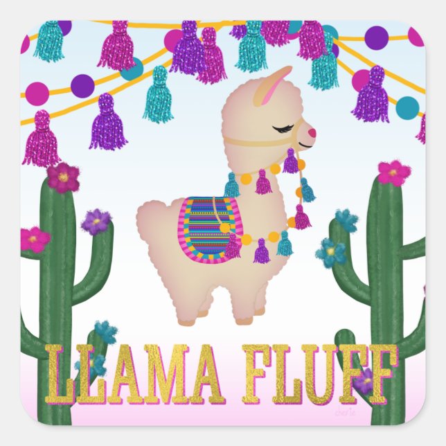 LLAMA FLUFF Square Treat Bag Toppers Sticker (Front)