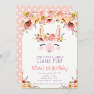 Llama Fun 1st Birthday Invitations Girls Floral