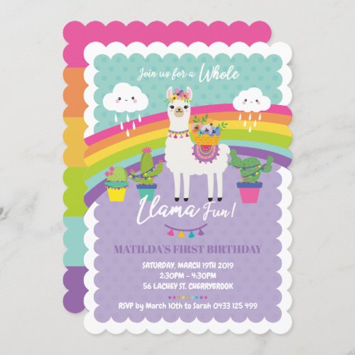 Llama Fun 1st Birthday Party Invitations Alpaca