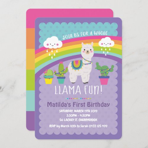 Llama Fun 1st Birthday Party Invitations Alpaca