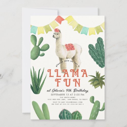 Llama Fun Alpaca Cactus Kids Birthday Invitation