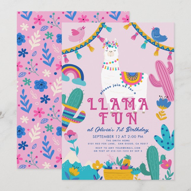 Llama Fun Alpaca Girl Pink 1st Birthday Invitation (Front/Back)