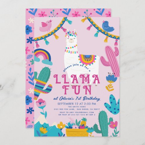 Llama Fun Alpaca Girl Pink 1st Birthday Invitation