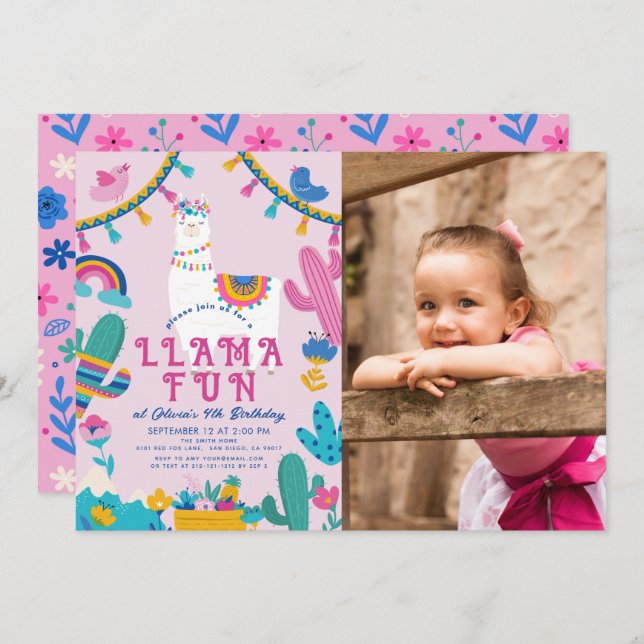 Llama Fun Alpaca Girl Pink Birthday Photo Invitation (Front/Back)