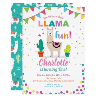 Llama fun birthday invitation. Girl first 1st bday Invitation