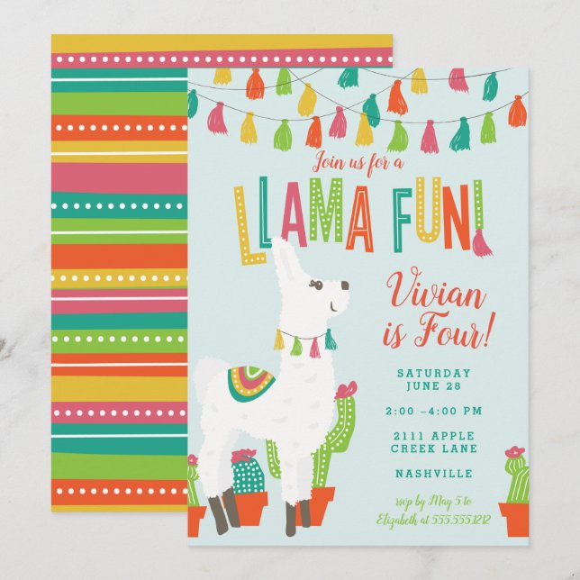 Llama Fun Birthday Party Invitation Alpaca Blue (Front/Back)