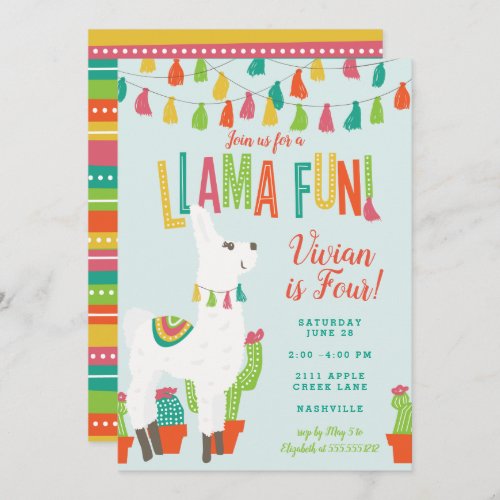 Llama Fun Birthday Party Invitation Alpaca Blue