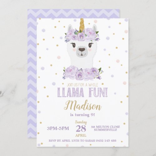 Llama Fun Birthday Party Purple Floral Girl Invitation