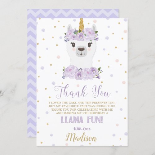 Llama Fun Birthday Party Purple Floral Thank You Invitation
