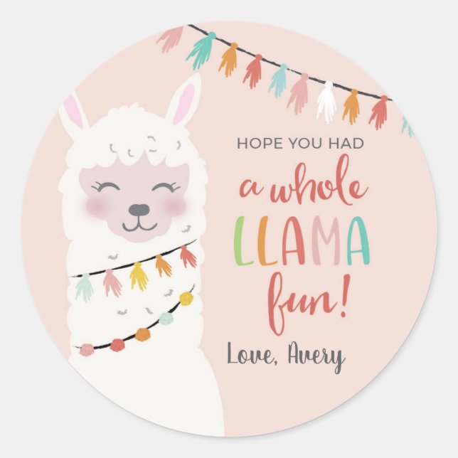 Llama Fun Birthday Thank You Favor Round Sticker (Front)