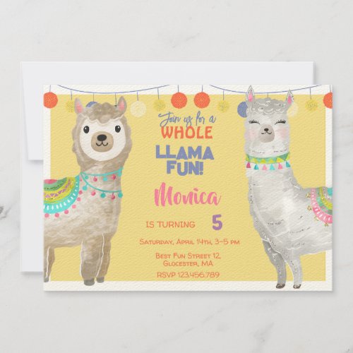 LLama fun colorful kids birthday in yellow Invitation