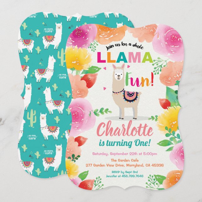 Llama fun first 1st birthday invitation. Foloral Invitation (Front/Back)