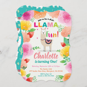 Llama fun first 1st birthday invitation. Foloral Invitation