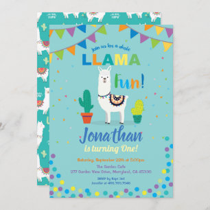 Llama fun first 1st birthday invitation. Turquoise Invitation