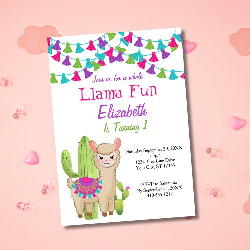 Llama Fun First 1st Pink Purple Cactus Birthday Invitation
