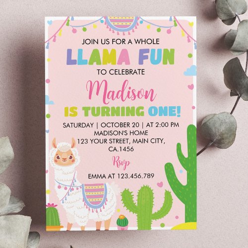 Llama Fun Girl 1st Birthday Invitation