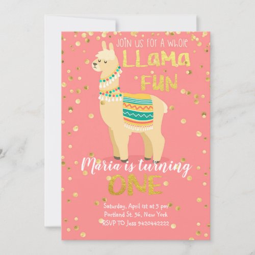 Llama Fun Gold and Pink Birthday Invitation 