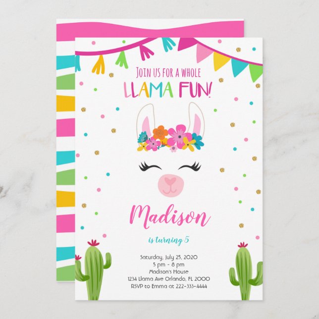 Llama Fun With Cactus Birthday Invitation (Front/Back)
