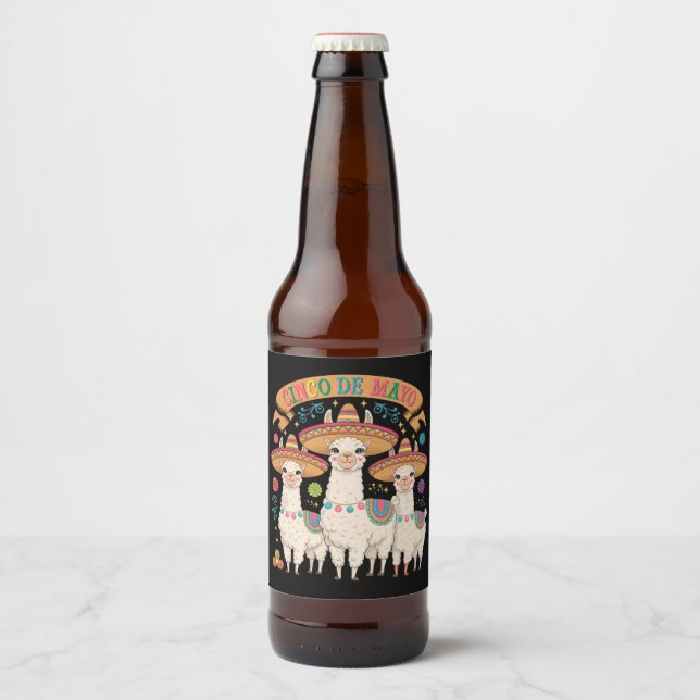Llama Funny Cinco De Mayo Fiesta Party Beer Bottle Label (Front)