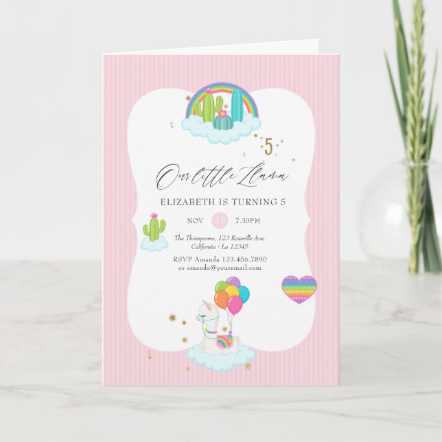 Llama Girl 5th Birthday Party Invitation (Front)