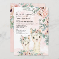 Llama Girl Baby Shower Blush Floral Eucalyptus Invitation