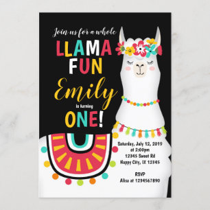 Llama girl first birthday invitation