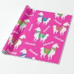 Llama Girls Birthday Custom Name and Color Wrapping Paper<br><div class="desc">Cute little llama with girls name and customizable background color</div>