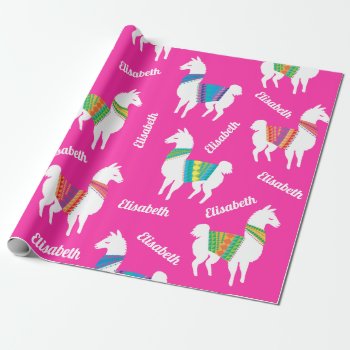 Llama Girls Birthday Custom Name And Color Wrapping Paper by DoodleDeDoo at Zazzle