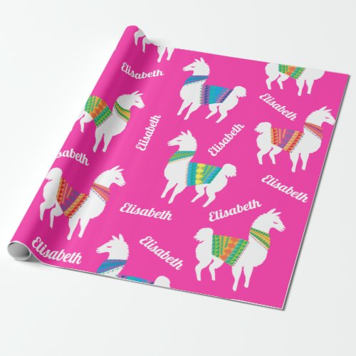 Llama Girls Birthday Custom Name and Color Wrapping Paper
