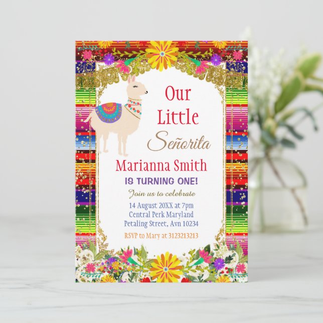 Llama Gold Colorful Mexican Fiesta Birthday   Invitation (Standing Front)