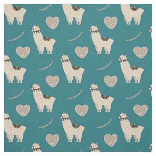 Llama Heart Love Pattern on Teal Fabric