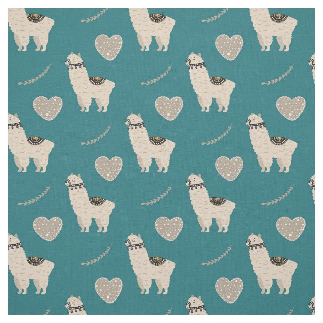 Llama Heart Love Pattern on Teal Fabric (Swatch)