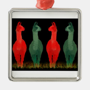 Llama Holiday Christmas Red Green 4 LLamas Metal Ornament