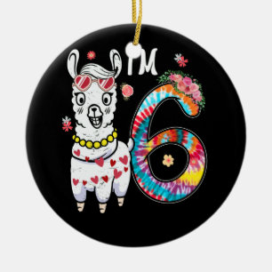 Llama I'm 6 year old 6th Birthday Tie Dye Farm Ceramic Ornament