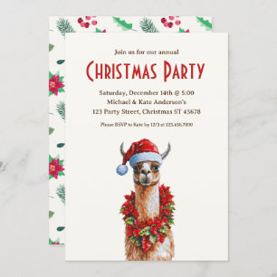 Llama in a Santa Hat Poinsettias Christmas Party Invitation
