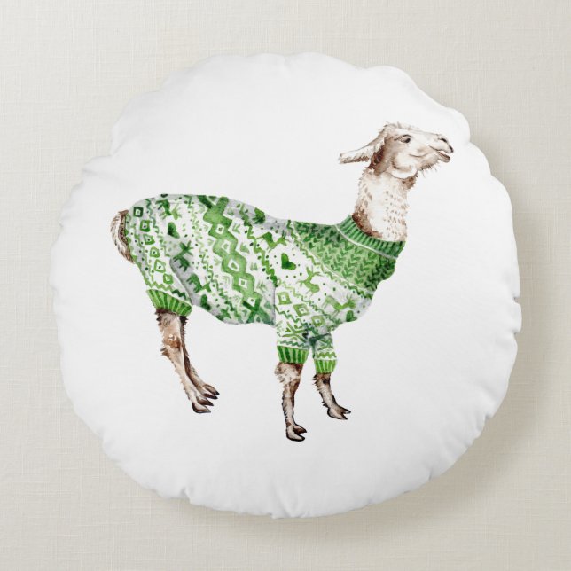 Llama in Green Sweater Round Pillow (Front)