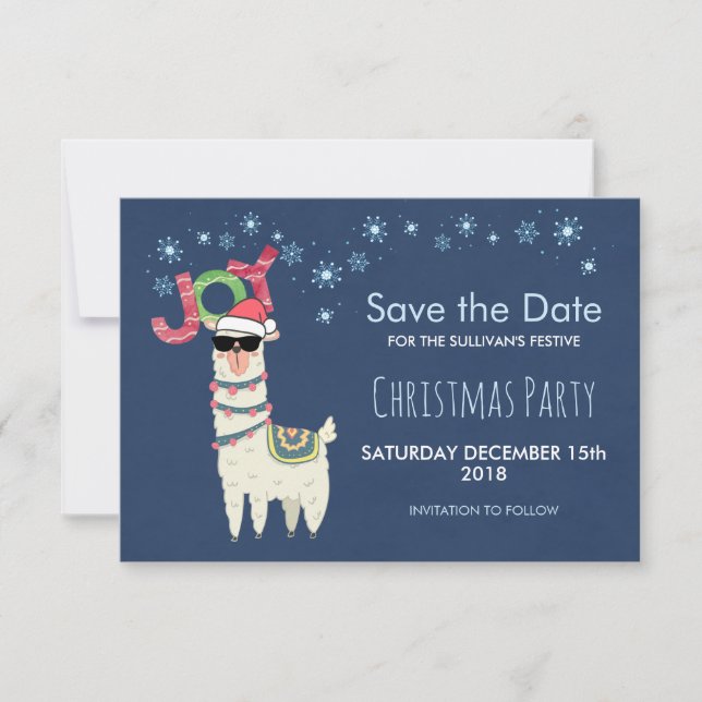 Llama in Santa Hat with Snowflake Save The Date Invitation (Front)