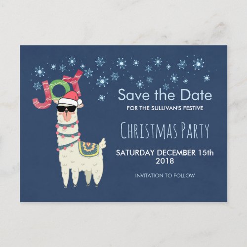 Llama in Santa Hat with Snowflakes Save the Date Postcard