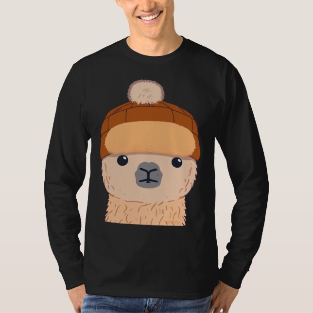 Llama in Winter Hat Cute Character T-Shirt (Front)