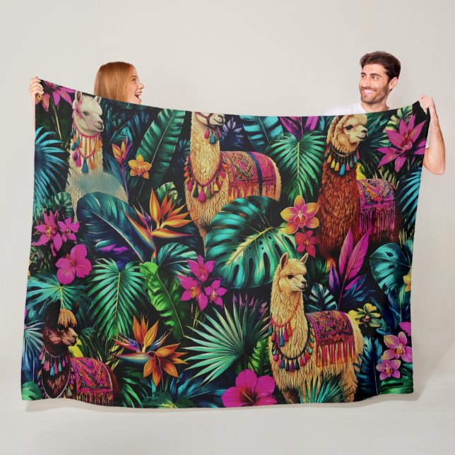 Llama Jungle Dreams Seamless Surface Pattern Fleece Blanket (In Situ)