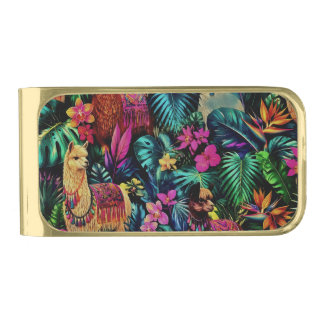 Llama Jungle Dreams Seamless Surface Pattern Gold Finish Money Clip